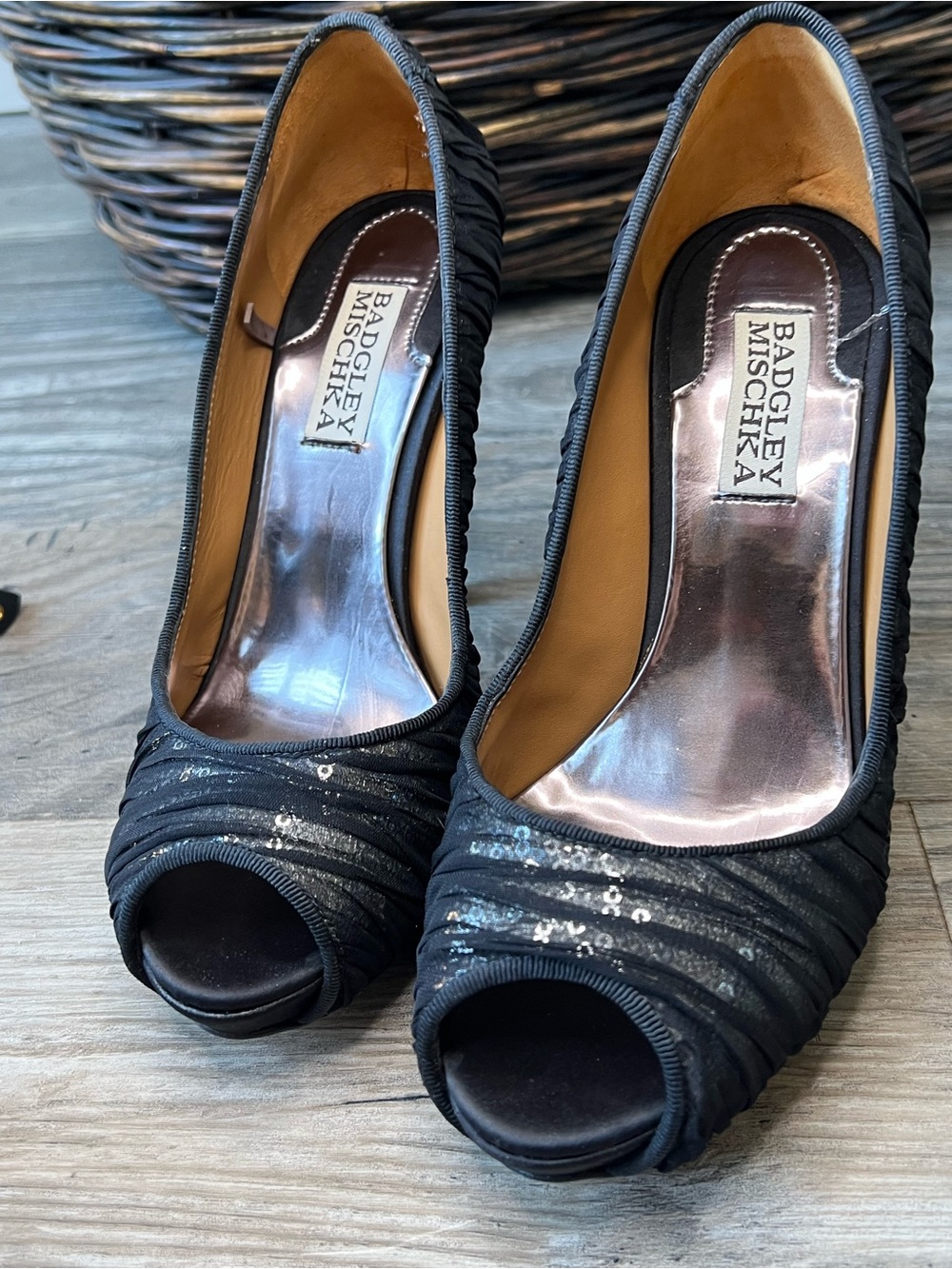 Badgley Mischka Black Sequined Peep-Toe Pumps
